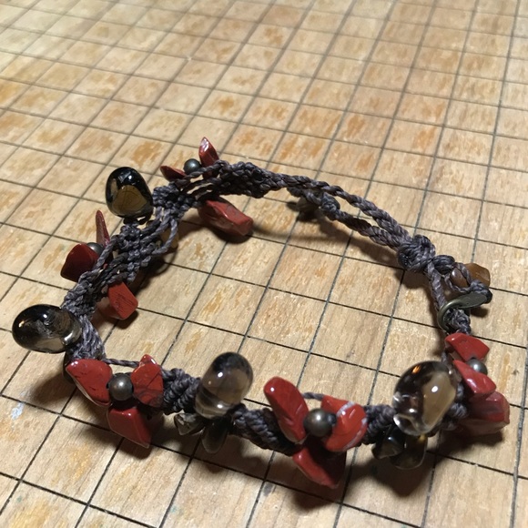 Red Jasper Smoky Quartz Brown Fiber Cord Woven Bracelet 6 to 8”L Adjustable EVC - Picture 5 of 8